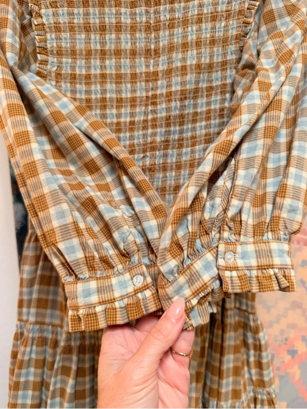 Doen Medina Dress - Gingham tan light blue tiered smocked ruffled size small - Picture 12 of 12